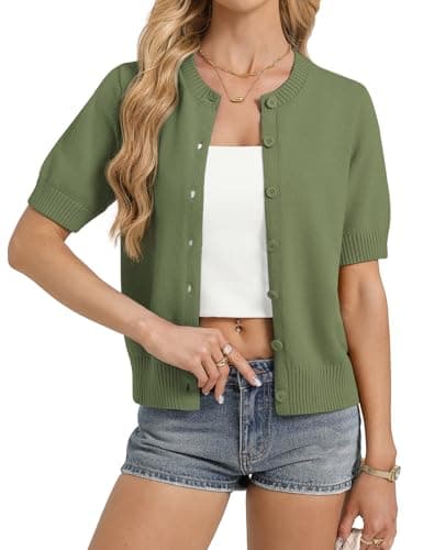 GRACE KARIN Women's Summer Short Sleeve Cardigan Sweaters Lightweight Green Crew Neck Button Up Cropped Knit Sweater - Image 1