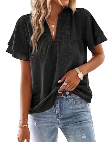 Aprolive Womens Dressy Casual Tops V Neck Ruffle Short Sleeve Blouses for Women 2026 Summer Boho Flowy Swiss Dot Shirts (A Black, M) - Image 1