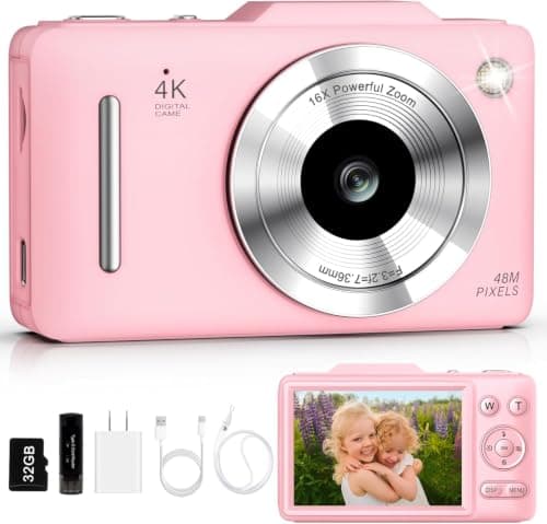 Digital Camera 4K Autofocus Vlogging Camera for Photography with 16X Zoom Anti Shake, 32GB Card, 48MP Compact Portable Point and Shoot Camera for Kids Boys Girls Teens Beginner(Pink) - Image 1