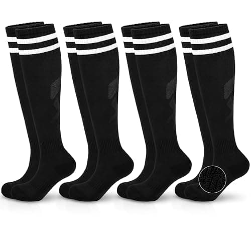 Hryrbay 4 Pairs Kids Cotton Soccer Socks Cushion Striped Baseball Uniform Boys World Cup Sock Toddler Girls Knee High Socks (Black,6-9 Years) - Image 1
