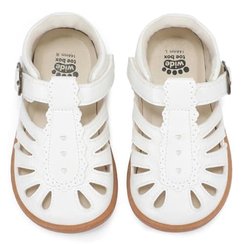 WIDE TOE BOX Toddler Girl Sandals, Wide Mary Jane Barefoot Summer Shoes, Vegan Leather Easter Dress Shoe with Petal Cut-outs for Flower Girls, Church Wedding White Toddler Size 6 - Image 1