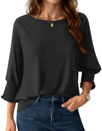 NORACORA Women's 3/4 Sleeve Tops Loose Fit Shirts Dressy Casual Crew Neck T Shirts for Women Basic Tees Shirt with Smocked Cuffs 2025 Fall Fashion Blouse Black XS - Image 1