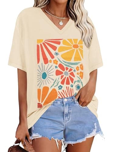 Anbech Womens Oversized Tee Shirts V Neck Flower Graphic Vintage Tshirts Casual Loose Fitting Short Sleeve Tops,Apricot Colorful,Medium - Image 1