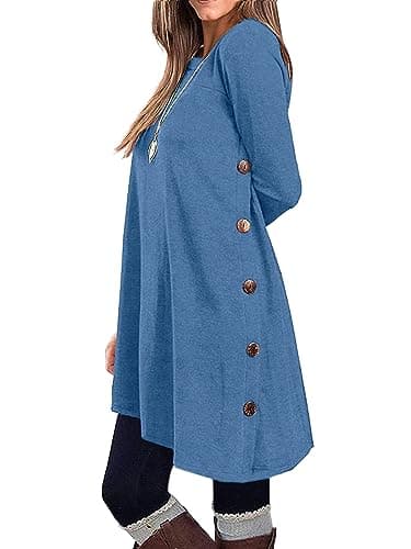 KORSIS Dresses for Women Deep Blue X-Large Long Sleeve Round Neck Casual Button Side T Shirts Loose Fitting Sweater Fall Winter Tunic Tops With Leggings - Image 1