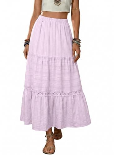 BLENCOT Maxi Skirts for Women High Waisted A Line Pleated Long Skirt Crochet Lace Boho Skirt for Beach Vacation Fashion 2026 Light Orchid Small - Image 1