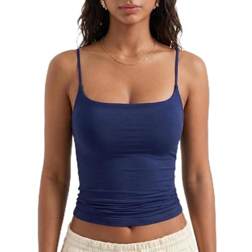 FLYSHEWIN Women Summer Tank Tops Sexy Square Double Line Summer Y2K Going Out Woman Double Line Tanks Spaghetti Strap Sleeveless Basic Cami Shirts (Navy,S) - Image 1
