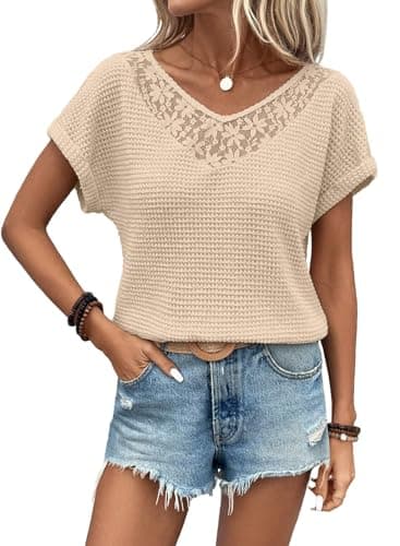 Dokotoo Summer Shirts for Women 2025 Casual Waffle Knit Hollow Out Lace Tops Short Sleeve V Neck Plus Size Shirts Blouses Solid Lightweight Outfits Clothes Apricot - Image 1