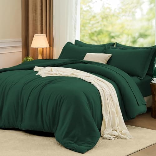 FUANNA King Size Comforter Sets Emerald Green, 7 Pieces Soft Bedding Set, All Season Lightweight Bed in a Bag with Comforter, Flat Sheet, Fitted Sheet, Pillowcases & Shams - Image 1