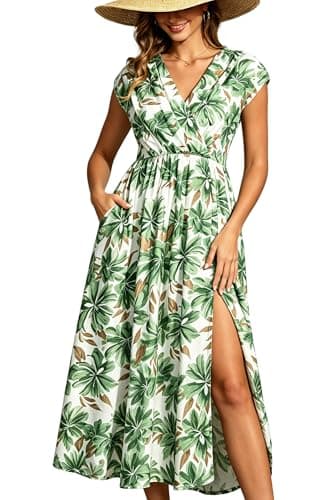 Women's Summer Casual Cotton Rayon Viscose Cap Sleeve Wrap V Neck Ruched Smocked Empire Waist Slit A Line White and Green Floral Midi Pockets Dress for Ladies Holiday Vocation Beach Senior Dresses - Image 1