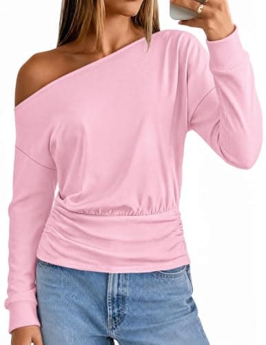 MEROKEETY Women's Off The Shoulder Tops Long Sleeve Fall Shirts, Pink, M - Image 1