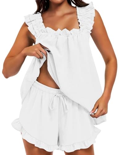 SIMIYA Pajama for Women Set 2 Piece Ruffle Pj Soft Tank Top and Shorts Bridal Pajamas Lightweight Summer Cute Sleepwear Shirt White - Image 1