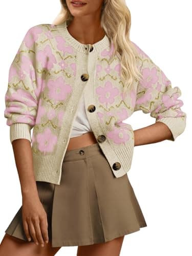 Saodimallsu Womens Floral Cardigan Pink Sweaters Casual Long Sleeve Outwear Open Front Button Up Coat Fall Trendy 2025 - Image 1