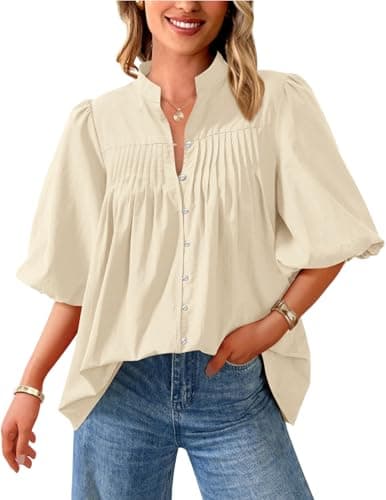 PRETTYGARDEN Women's 2026 Summer Short Lantern Sleeve Tops Loose Fit Button Down Shirt Pleated V Neck Blouses Trendy Clothes (Apricot,Medium) - Image 1