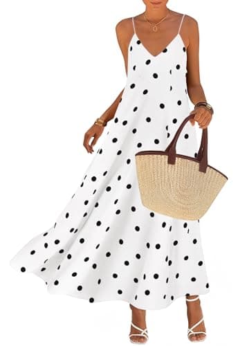 KIRUNDO Polka Dot Dress for Women Summer 2026 Sleeveless Spaghetti Strap Beach Vacation Cruise Boho Long Flowy Maxi Dresses(White, Medium) - Image 1