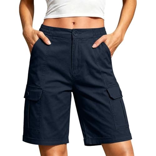 Womens Bermuda Shorts Knee Length, Casual High Waisted Wide Leg Short Women, Relaxed Fit Lightweight Women's Cargo Shorts with Multi Pockets for Summer, Hiking, Fishing, Working Navy S - Image 1