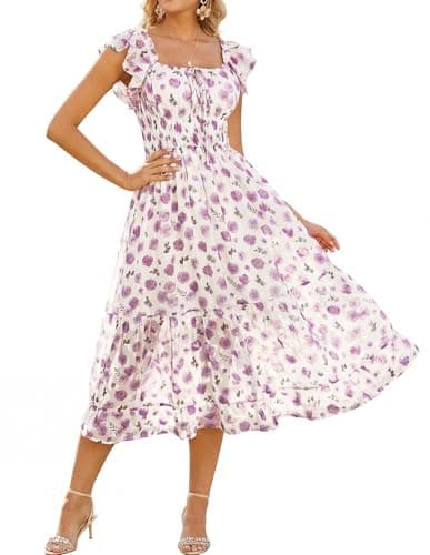 GRACE KARIN 2026 Women's Spring Floral Midi Dress Beach Wedding Guest Dresses Flowy A Line Casual Summer Clothes Purple Floral L - Image 1