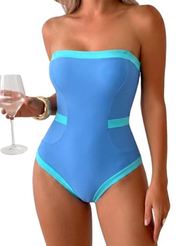 Hilor Women Vintage One Piece Swimsuit Sexy Slimming Monokini Swimwear Push Up Bathing Suit Blue/Mint Colorblock L/US10-12 - Image 1
