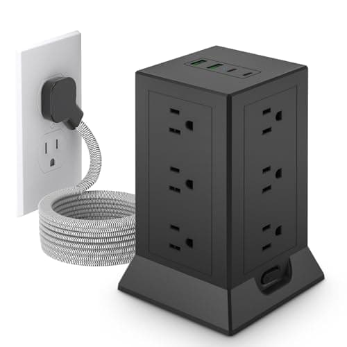 Power Strip Tower with Multiple Outlets, 10 Ft Extension Cord Flat Plug with 12 AC Outlets 4 USB Ports (2 USB C), Power Tower Surge Protector with Individual Switches for Home Office Dorm Room, Black - Image 1