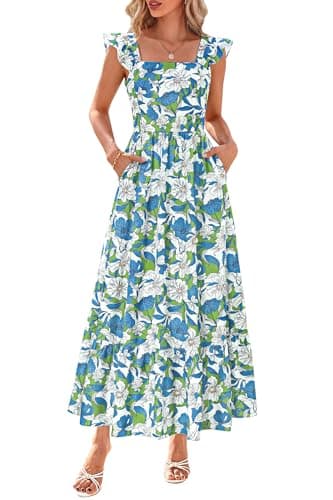 dowerme Womens Summer Dresses 2026 Ruffle Sleeve Square Neck Floral Boho Midi Dress Spring Smocked Beach Party Sundress(Floral Blue Green,X-Large) - Image 1