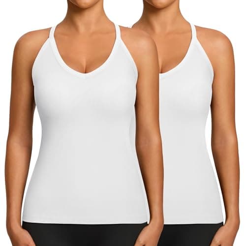 Missclub Womens Workout Tank Tops Built in Padded Bra White V Neck T-Back & Cami with Adjustable Strap Basic Workout Tops - Image 1