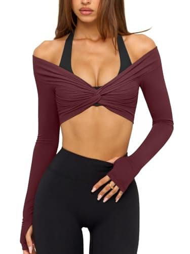 LASLULU Womens Long Sleeve Workout Tops Sexy Off the Shoulder Twist Front Bolero Shrugs Yoga Gym Ballet Wrap Tops Pilates Outfits (Burgundy, Medium) - Image 1