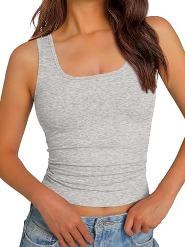 GKBK Women Built-in Bra Tank Tops Sleeveless Crewneck Rib Knit Shirts Slim Fit Basic Tee Tops Light Grey S - Image 1