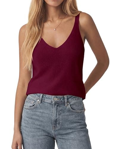 KIRUNDO Sweater Tank Tops for Women Sleeveless V Neck Ribbed Knit Vest Top Camisole 2026 Summer Outfits Fashion Clothing(Burgundy, X-Large) - Image 1