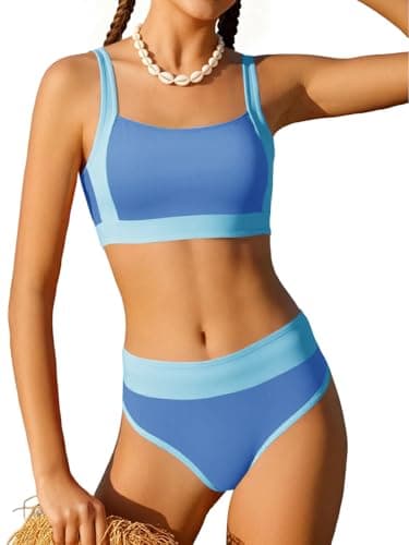 AMAWMW Girls Swimsuit Bathing Suit Color Block Adjustable Straps Bikini Set Two Piece Girls' Swimwear with Chest Pad, Baby Blue, 11-12 Years - Image 1