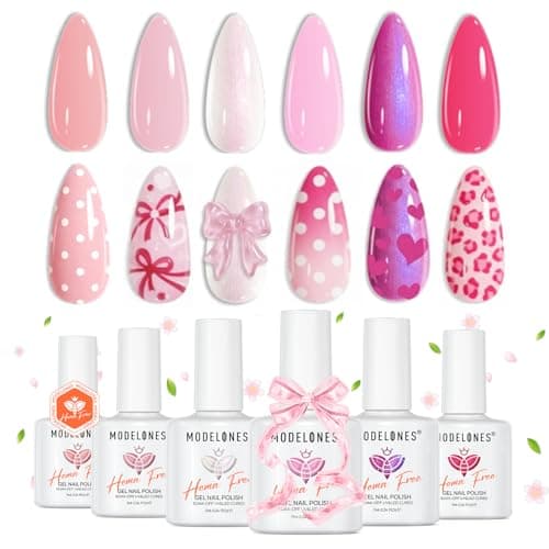 modelones Pink Gel Nail Polish Set,Hema-Free Light Pink White Hot Pink Gel Polish Kit Magenta Purple Shimmer LED 6 Colors 2026 Spring Easter Nail Art Gift Salon DIY Starter Kit - Image 1