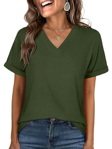 ANRABESS Womens T Shirts Short Sleeve V Neck Shirts Summer Loose Fit Dressy Tops Business Casual Blouses 2026 Basic Tees Army Green Large