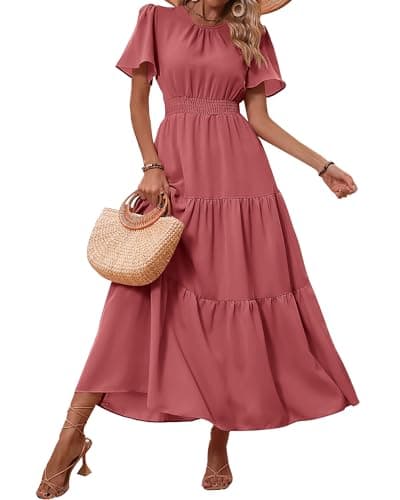 PRETTYGARDEN Women Casual Dresses Trendy Puff Sleeve Crew Neck Elastic Smocked Waist Flowy Prom Party Beach Dress(Solid Bean Paste Red,Small) - Image 1