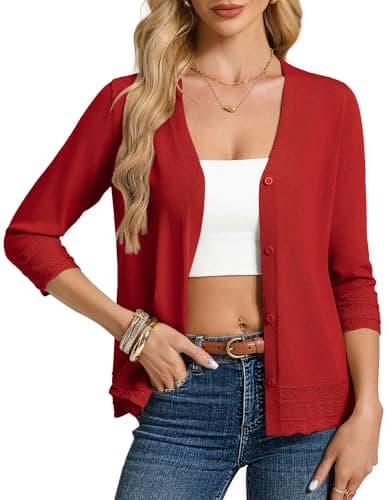 GRACE KARIN Spring Cardigans for Women 2026 Lightweight Red Cardigan Sweater Womens 3/4 Sleeve Cropped Sweaters(Red,Small) - Image 1