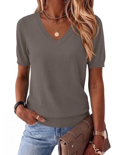 Zeagoo Womens Short Sleeve Sweaters 2026 Summer Lightweight V Neck Pullover Tops Dressy Business Casual Blouses Clothes Coffee - Image 1