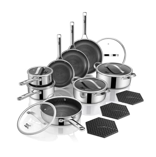 Pots and Pans Set Hybrid Stainless Steel, 17PC Nonstick Tri-Ply Cookware Set w/Frying pan, Dishwasher & Oven Safe, PFOA-Free, Metal Utensil Safe, Suitable for All Cooktops - Image 1