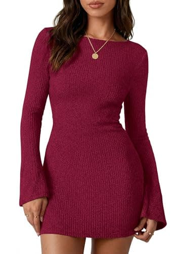 PRETTYGARDEN Womens Fall Bell Long Sleeve Mini Dress 2026 Casual Boat Neck Ribbed Bodycon Short Party Cocktail Dresses (Wine Red,XX-Large)