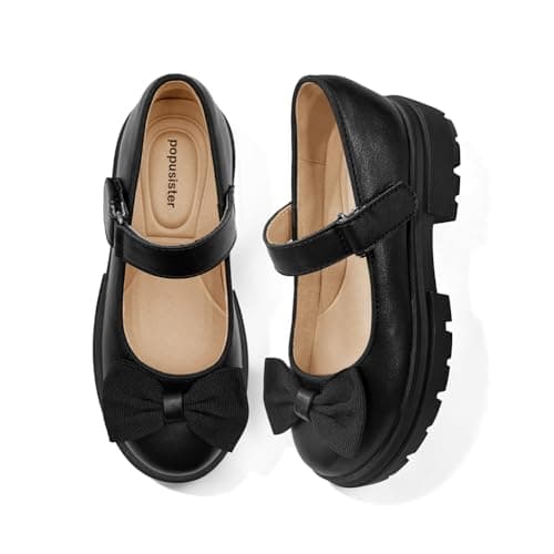 Popusister Girls School Uniform Black Mary Janes, Comfortable Toddler Dress Shoes with Memory Foam Insole, Lightweight Anti-Slip Little Kid Flats with Hook and Loop Strap for Daily Wear - Image 1