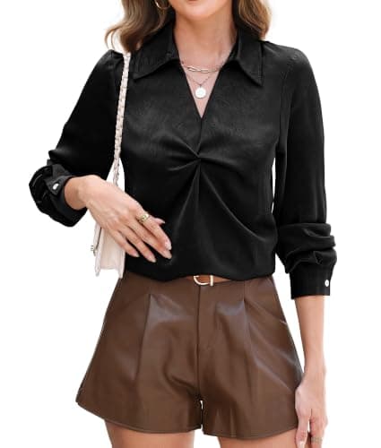 RUMIA Longsleeve Satin Silk Fall Blouses Shirt for Women Business Work Top Black - Image 1