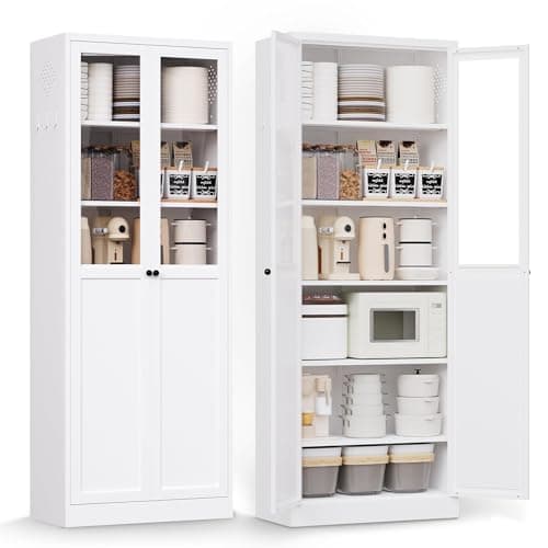 AQY Kitchen Pantry Cabinet,72" White Pantry Storage Cabinet with 5 Tire Adjustable Shelves and Glass Doors,Freestanding Cupboard,Metal Pantry Cabinets with Handle for Living Room,Assembly Required - Image 1