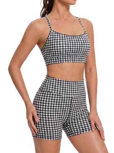 Womens Ginaham Workout Set Two Piece Yoga Sets Padded Tank Tops Matching High Waisted Biker Shorts Yoga Gym Sets