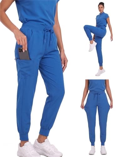VECARDI Women's Scrub Jogger Pants High Waisted Stretch Nurse Work Bottoms 5 Pockets Elastic Waist Slim Fit Royal Blue - Image 1