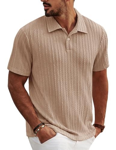 PJ PAUL JONES Mens Polo Shirts Stretchy Textured Dress Polo Shirts Regular Fit Casual Business Golf Polo Apricot - Image 1