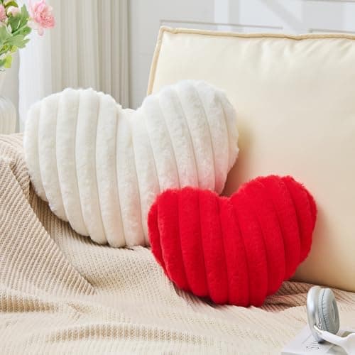 Vdoioe 2Pcs Heart Pillow Red White Throw Pillows Decorative Pillows.Heart Shaped Throw Pillows for Bed Couch Chair Bedroom Room.Cute Small Pillow for Valentines Day Women Valentine Wedding Home Decor - Image 1