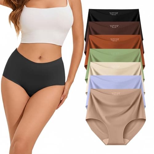 Ailongcity Womens Underwear High Waist No Show 7 Pack Panties Seamless Full Coverage Briefs Silky Stretch (US, Alpha, Small, Regular, Regular, Black/Orange/Purple/Marron/Green/Coffee brown/Nude) - Image 1