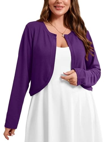 AusLook Plus Size Women Shrugs Long Sleeve Purple 4X Open Front Cardigan Knit Lightweight Coat Cropped Bolero Tops Shawls and Wraps Dressy Sweater - Image 1