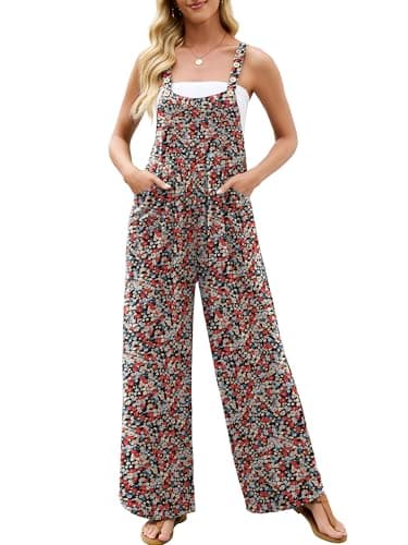 Heymoments Overalls Jumpsuits Rompers for Women Retro Floral Large Casual Maternity SummerComfy Ladies Loose Fit Dressy Wide Leg One Piece Sleeveless Grils Long Bib Baggy Pants with Pockets - Image 1
