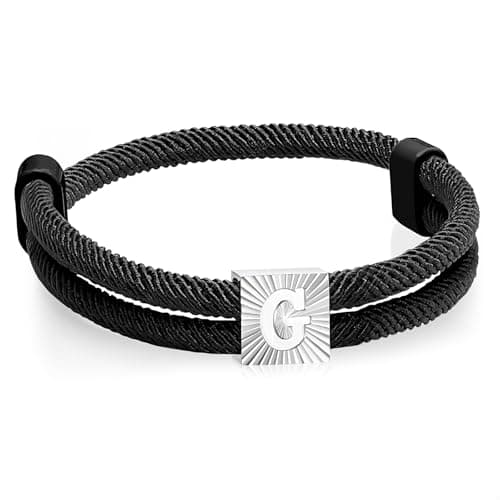 Rope Initial Bracelet for Men, A-Z Letter Black Nautical Braided Rope Bracelets with Initial, Adjustable Metal Knot Handmade Mens Bracelet Jewelry Gift for Him Boyfriend Husband, 5-10.5 Inches - Image 1