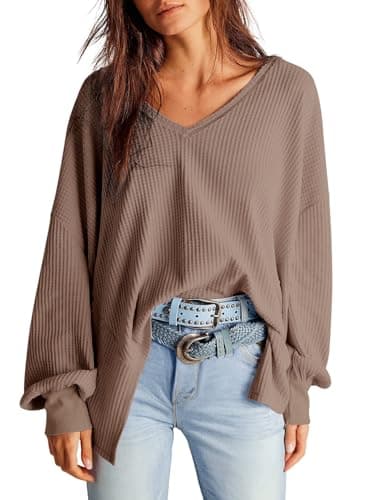 Dokotoo T Shirts for Women Dressy Casual 2026 Trendy Chocolate Brown Fall Clothes V Neck Long Lantern Sleeve Workout Tops Loose Fit Waffle Knit Blouses Oversized Lightweight Sweater Large - Image 1