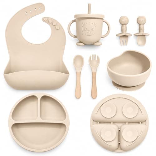Baby Led Weaning Supplies, 8 Piece BPA-Free Silicone Feeding Set, Silicone Suction Bowl, Forks & Spoons, Bib & Cup, Develops Self Feeding Skills, Dishwasher Safe, for 6+ Months (Beige) - Image 1