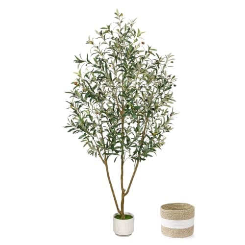 LuceAlberi Artificial Olive Tree 6FT - Tall Faux Olive Trees Indoor with Planter&Cotton Basket, Large Fake Olive Plants Realistic Branches Natural Wood Trunk and Fruits for Home House Office Decor - Image 1