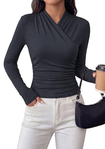 PRETTYGARDEN Womens Long Sleeve Shirts 2026 Fall V Neck Cross Wrap Going Out Top Ribbed Ruched Fitted Business Casual Clothes (Navy Blue,X-Large) - Image 1